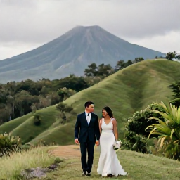 Caribbean Holidays, April Weddings, Newlywed couple exploring Montserrat after their wedding, walking through lush hillside scenery with Soufriere Hills volcano in the distance