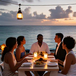 Caribbean Holidays, April Weddings, Newlyweds and wedding guests enjoying a relaxed dinner beside the sea in Aruba, with lanterns, tropical dishes and sunset light