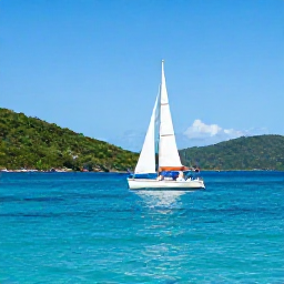 Caribbean Holidays, April Weddings, Newlyweds sailing between the green islands of the British Virgin Islands on a sunny April day, clear blue water and a small yacht