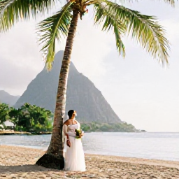 Caribbean Holidays, April Weddings, Newlyweds standing beside a palm-fringed beach in Saint Lucia during a warm April afternoon