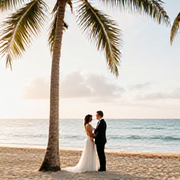 Caribbean Holidays, April Weddings, Newlyweds standing beside a palm-fringed beach in Trinidad and Tobago at sunset, warm Caribbean light, elegant but relaxed wedding atmosphere