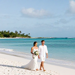 Caribbean Holidays, April Weddings, Newlyweds walking along a sunlit white-sand beach in St Thomas, United States Virgin Islands, with calm turquoise sea and a simple tropical wedding setting