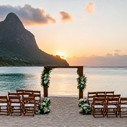 Caribbean Holidays, April Weddings, Quiet Montserrat beach at sunset prepared for a small wedding ceremony, with wooden chairs, tropical greenery and calm turquoise water