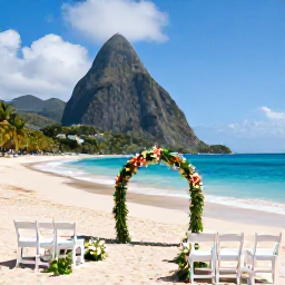 Caribbean Holidays, April Weddings, Romantic beach wedding ceremony in Saint Lucia with white chairs, tropical flowers and the Caribbean Sea