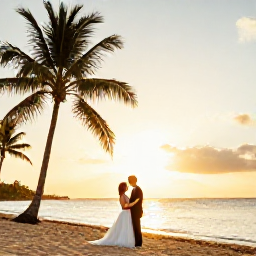 Caribbean Holidays, April Weddings, Romantic newlywed portrait on a Saint Martin beach at sunset, palm trees and gentle Caribbean waves