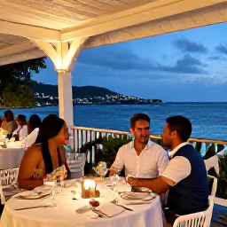 Caribbean Holidays, April Weddings, Romantic newlyweds dining at an elegant seaside restaurant on Saint Barth&eacute;lemy under evening lights