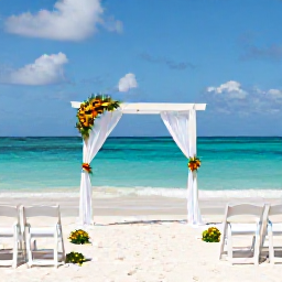 Caribbean Holidays, April Weddings, Romantic seaside wedding ceremony on a quiet Tobago beach, white chairs, simple tropical flowers and turquoise Caribbean sea