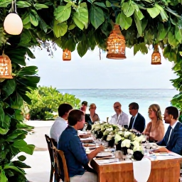 Caribbean Holidays, April Weddings, Wedding guests dining outdoors beside the sea in The Bahamas, with tropical greenery, lanterns and an informal elegant reception table