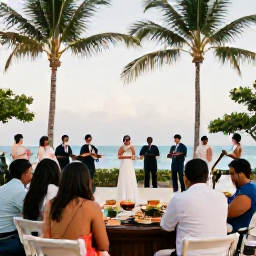 Caribbean Holidays, April Weddings, Wedding guests enjoying a relaxed Puerto Rican reception with tropical food, music and dancing under palm trees