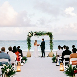 Caribbean Holidays, April Weddings, Wedding reception on a Caribbean terrace overlooking the sea, with tropical table decorations, lanterns and newlyweds celebrating with family