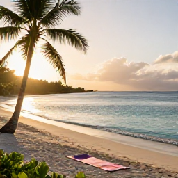 Caribbean Holidays, April Wellness, A tranquil British Virgin Islands beach at sunrise in April, calm turquoise water, soft golden light, palm trees and a yoga mat on the sand