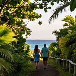Caribbean Holidays, April Wellness, Couple walking through a quiet Caribbean nature trail on Saint Martin, tropical vegetation, sea views and warm afternoon light