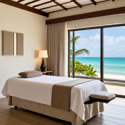 Caribbean Holidays, April Wellness, Elegant beachfront spa in Providenciales with treatment room, natural textures and views of turquoise Caribbean water