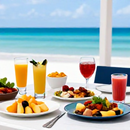 Caribbean Holidays, April Wellness, Fresh Caribbean breakfast with tropical fruit, local dishes and colourful juices on a shaded terrace overlooking the sea
