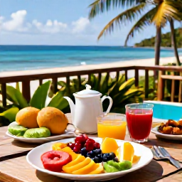 Caribbean Holidays, April Wellness, Healthy Caribbean breakfast with fresh tropical fruit, local ingredients and sea view on Nevis