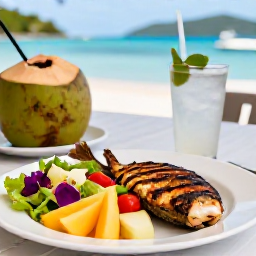 Caribbean Holidays, April Wellness, Healthy Caribbean lunch with fresh fruit, colourful salad, grilled fish and coconut water at a relaxed waterfront restaurant in the British Virgin Islands