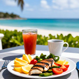 Caribbean Holidays, April Wellness, Healthy colourful Caribbean lunch with fresh fruit, grilled fish and vegetables at an outdoor table overlooking the sea