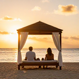 Caribbean Holidays, April Wellness Holidays, Couple relaxing in private cabana beside a Caribbean beach at sunset, warm light and peaceful tropical setting