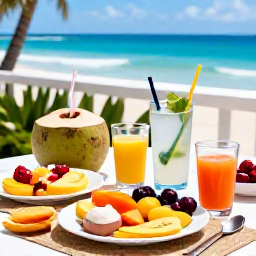 Caribbean Holidays, April Wellness Holidays, Healthy Caribbean breakfast with fresh tropical fruit, coconut water and colourful local ingredients on a terrace