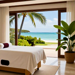 Caribbean Holidays, April Wellness Holidays, Luxury Caribbean resort spa overlooking the sea, with treatment room, tropical plants and soft natural light