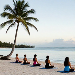 Caribbean Holidays, April Wellness Holidays, Small group doing sunrise yoga on a Caribbean beach, palm trees and calm sea in the background