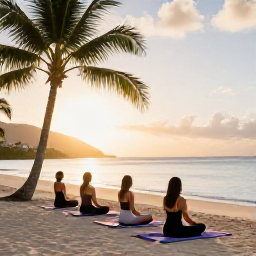 Caribbean Holidays, April Wellness, Open-air yoga session on a peaceful Saint Martin beach, tropical palms, calm sea and early morning sunlight