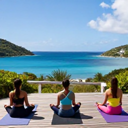 Caribbean Holidays, April Wellness, Outdoor yoga session overlooking a quiet British Virgin Islands bay in April, tropical greenery, wooden deck and bright blue sea