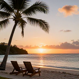 Caribbean Holidays, April Wellness, Peaceful Caribbean sunset over an Antigua beach with two deckchairs, palm trees and a calm sea