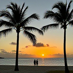 Caribbean Holidays, April Wellness, Peaceful sunset over Grace Bay Beach in Turks and Caicos with silhouettes of palm trees and a couple walking beside the sea