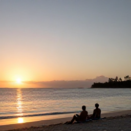 Caribbean Holidays, April Wellness, Peaceful sunset over the Caribbean from a quiet beach on Nevis, couple relaxing in the distance, warm evening light