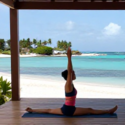 Caribbean Holidays, April Wellness, Person practising gentle yoga on a shaded deck overlooking a tropical Caribbean bay in Antigua