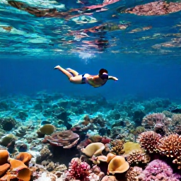 Caribbean Holidays, April Wellness, Person swimming and snorkelling above a colourful coral reef in clear shallow water around Turks and Caicos