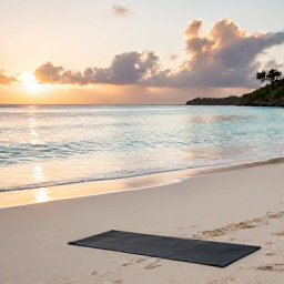 Caribbean Holidays, April Wellness, Quiet Antigua beach at sunrise with calm turquoise water, soft golden light and a yoga mat on the sand