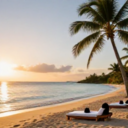 Caribbean Holidays, April Wellness, Quiet golden beach on Saint Kitts at sunrise, calm Caribbean sea, palm trees and a peaceful wellness holiday atmosphere