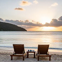 Caribbean Holidays, April Wellness, Quiet secluded beach in the British Virgin Islands at sunset in April, two loungers, calm sea and warm natural light
