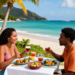Caribbean Holidays, April Wellness, Relaxed couple enjoying a healthy Caribbean lunch beside the sea in Saint Vincent and the Grenadines, colourful local food and tropical setting