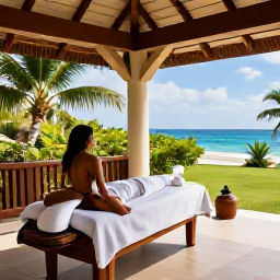 Caribbean Holidays, April Wellness, Relaxing Caribbean spa treatment in a bright open-air pavilion, tropical greenery, natural oils and island scenery