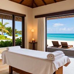 Caribbean Holidays, April Wellness, Spa treatment room in an elegant Caribbean resort, with natural materials, towels, candles and a view towards the sea
