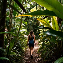 Caribbean Holidays, April Wellness, Traveller walking through a lush rainforest trail in Saint Vincent and the Grenadines, tropical plants, filtered sunlight and a peaceful natural setting