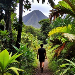 Caribbean Holidays, April Wellness, Traveller walking through a lush rainforest trail on Saint Kitts, tropical plants, filtered sunlight and volcanic mountain scenery