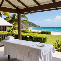 Caribbean Holidays, April Wellness, Wellness treatment on a shaded Caribbean veranda overlooking lush gardens and the sea in Saint Vincent and the Grenadines