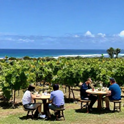 Caribbean Holidays, April Wine Holidays, A sunny Caribbean vineyard overlooking the sea in April, with grapevines, tasting tables and relaxed visitors