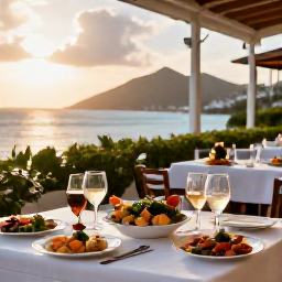 Caribbean Holidays, April Wine Holidays, Colourful Saint Barth&eacute;lemy seafood dishes and wine glasses arranged on a restaurant terrace at sunset