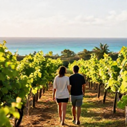 Caribbean Holidays, April Wine Holidays, Couple walking through a Caribbean vineyard in April, with lush greenery, warm sunlight and distant turquoise sea