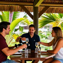 Caribbean Holidays, April Wine Holidays, Friendly wine hosts pouring Caribbean wines for travellers at a rustic tasting room surrounded by tropical plants