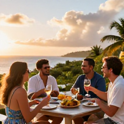 Caribbean Holidays, April Wine Holidays, Travellers enjoying a Caribbean wine and food pairing on an outdoor terrace at sunset, with ocean views and tropical scenery
