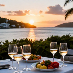 Caribbean Holidays, April Wine Tasting, A relaxed seaside wine tasting in St Thomas, United States Virgin Islands, with elegant glasses, local Caribbean food and a sunset over the harbour