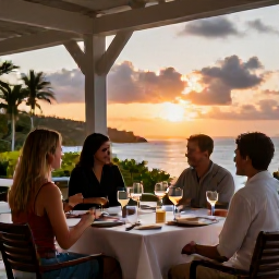 Caribbean Holidays, April Wine Tasting, A sunset wine tasting on a Caribbean terrace in St Thomas, with comfortable seating, elegant glasses and views across the sea