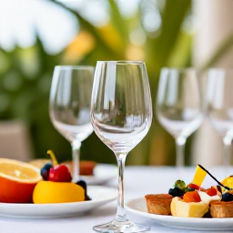 Caribbean Holidays, April Wine Tasting, Close-up of wine glasses, tropical fruit and Caribbean-inspired appetisers on a shaded terrace in Tobago