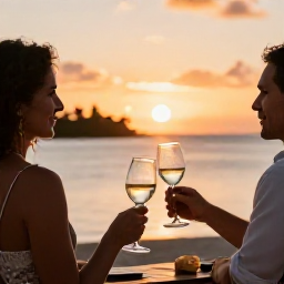 Caribbean Holidays, April Wine Tasting, Couple enjoying a final Caribbean wine tasting at sunset, with elegant glasses and a calm Tobago shoreline in the background
